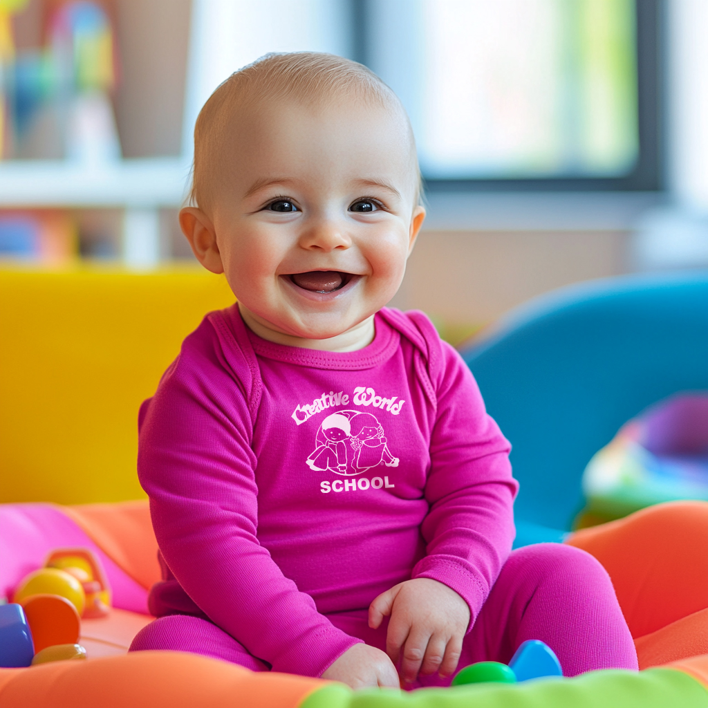 A smiling infant in a bright pink outfit enjoying tummy time at Creative World School.