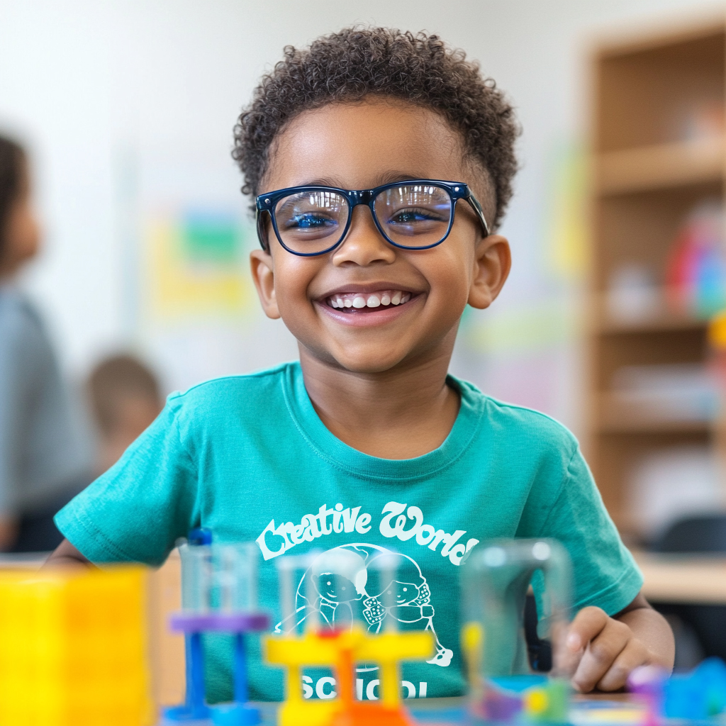 A smiling Pre-K student wearing glasses engages in hands-on STEAM learning at Creative World School.