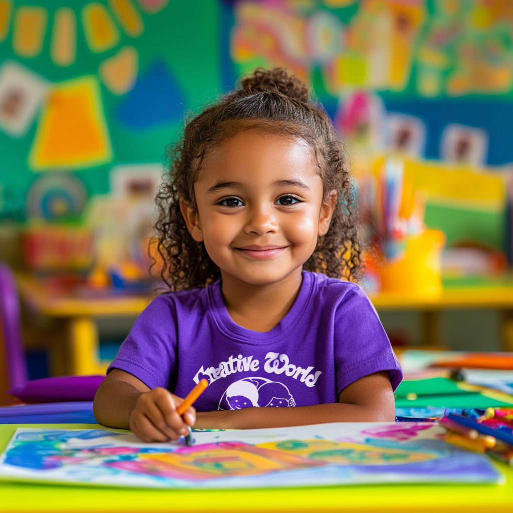 A preschooler happily coloring at Creative World School surrounded by vibrant classroom decorations.