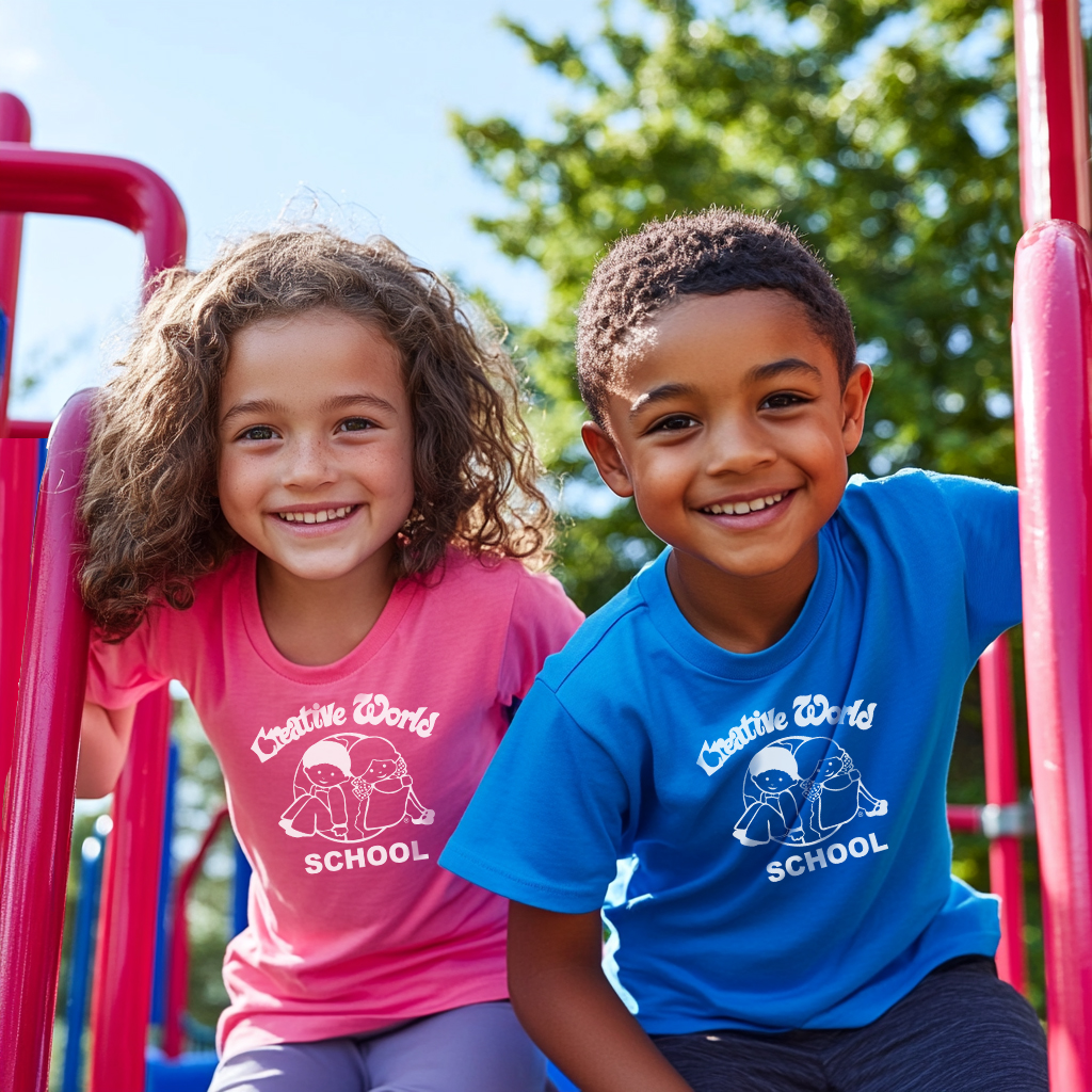 Two smiling school-age children playing together outdoors on the playground at Creative World School.