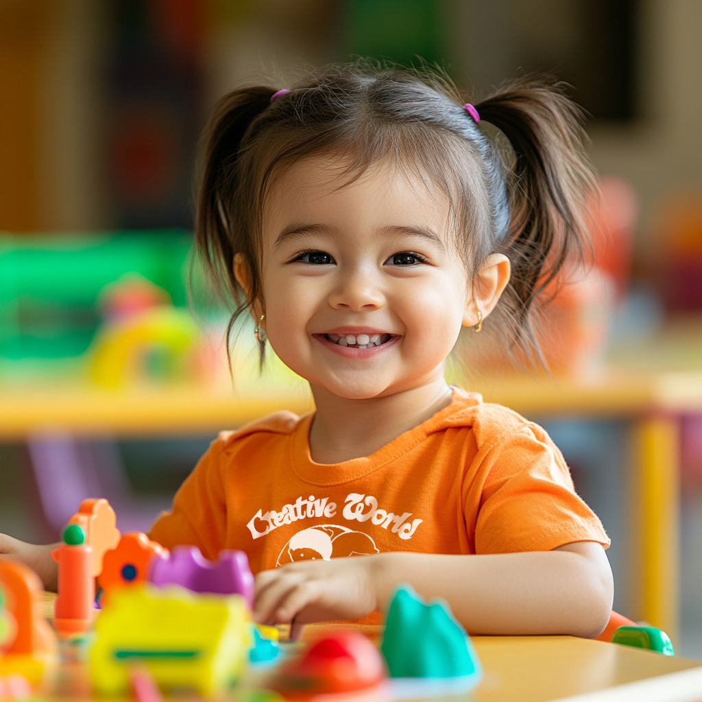 A smiling toddler engaging in hands-on play with colorful toys at Creative World School.