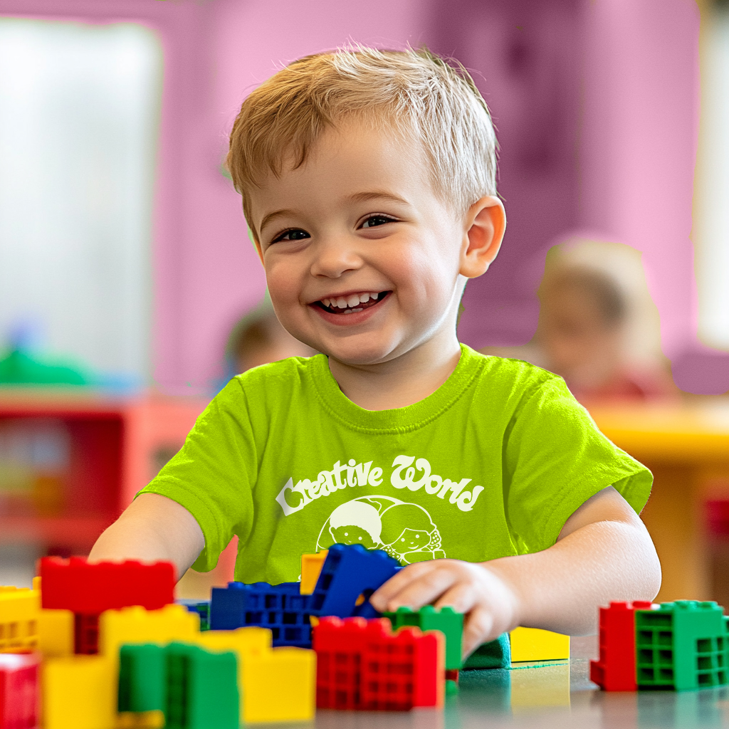 A happy two-year-old child at Creative World School building with colorful blocks during an engaging learning activity.