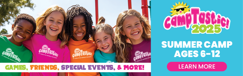 Group of smiling children at CampTastic 2025 summer camp wearing colorful shirts, promoting games, friends, special events, and fun activities at Creative World School.