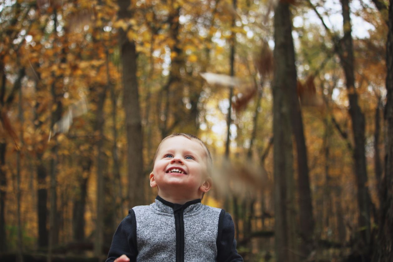 Smiling little boy in autumn forest