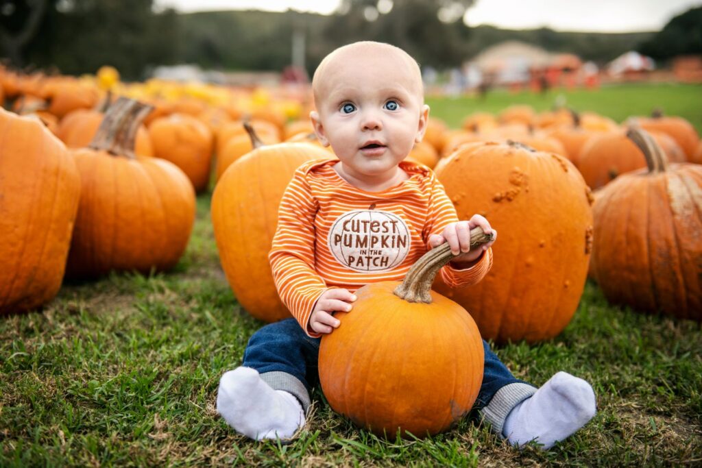 Baby hugging a small pumpkin in a pumpkin patch at a fall harvest festival