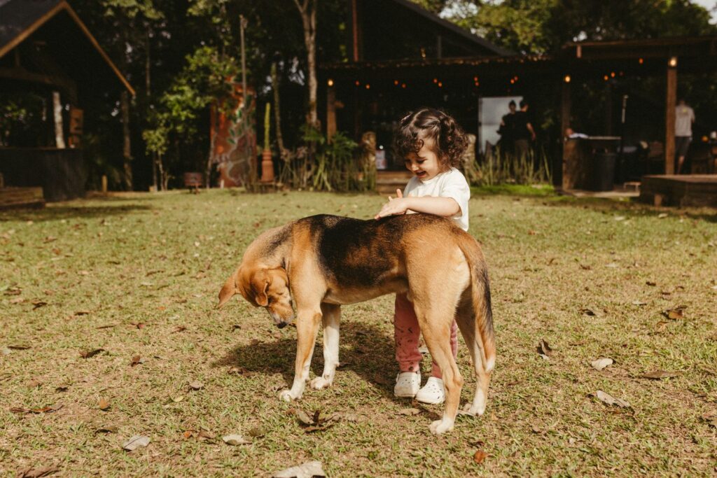 Toddler hugging a family dog in a sunny backyard