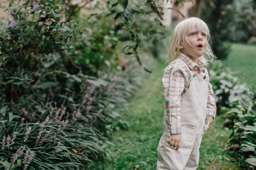 Curious preschooler in overalls standing in a garden, looking up with his mouth open in wonder